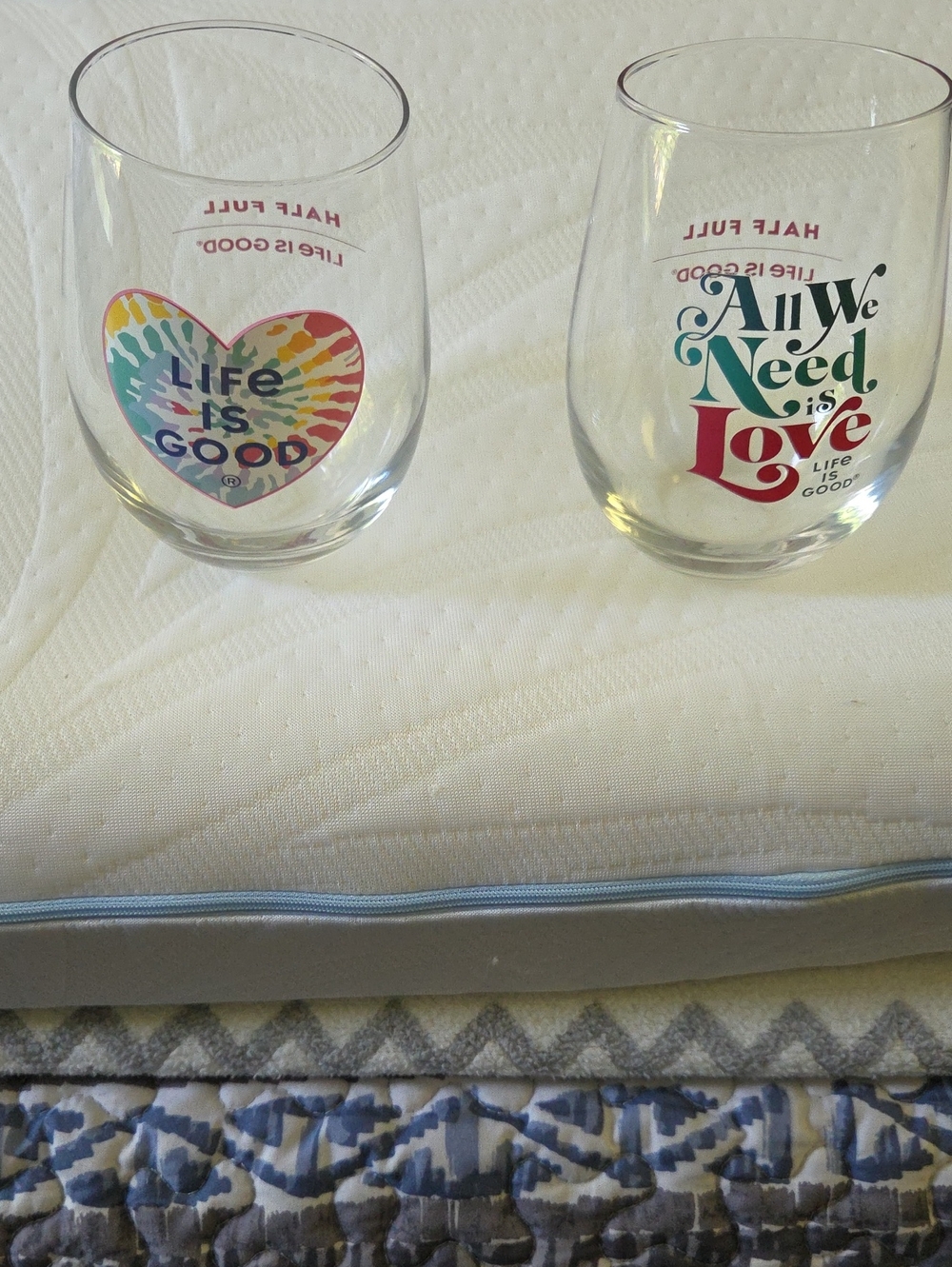 Life Is Good Stemless Wine Glasses.